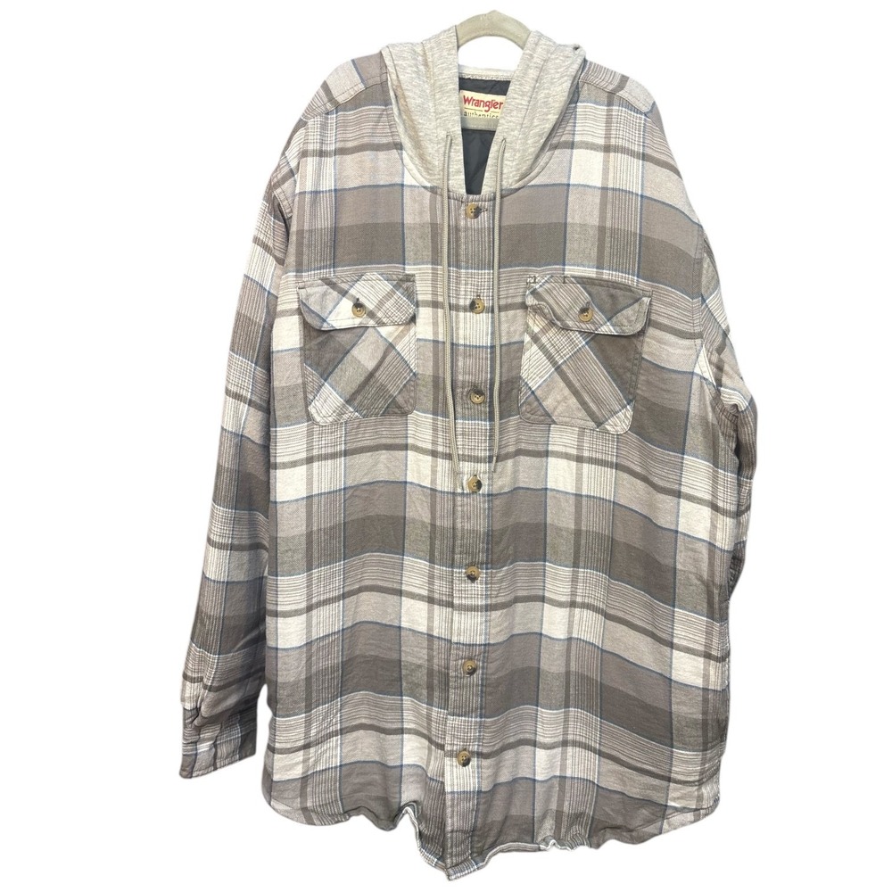 Wrangler Authentics Mens Flannel Hooded Insulated‎ Button Up Jacket Gray XL